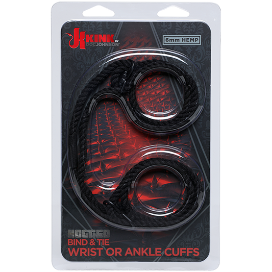 Kink by Doc Johnson Hogtied Bind & Tie 6mm Hemp Wrist or Ankle Cuffs - Black
