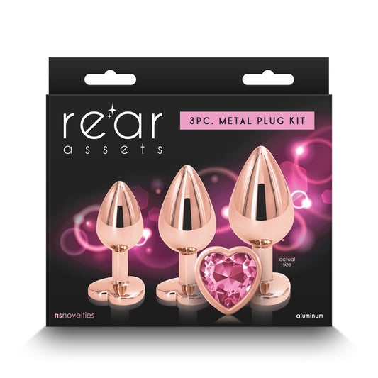 NS Novelties Rear Assets 3pc Rose Gold Heart Jewelled Butt Plug Trainer Kit - Rose Gold & Pink