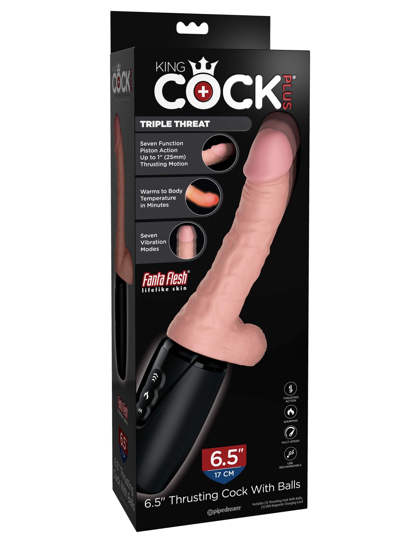 Pipedream King Cock Plus Triple Threat Warming Rechargeable 6.5" Thrusting Dong with Balls