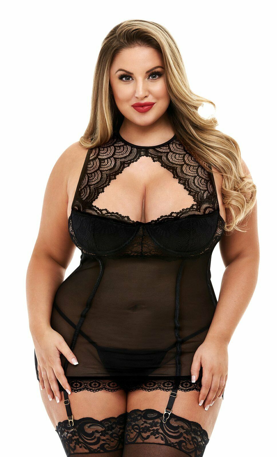 Baci Lingerie 3170 Lace Halter Mini Dress with Garters Black QS