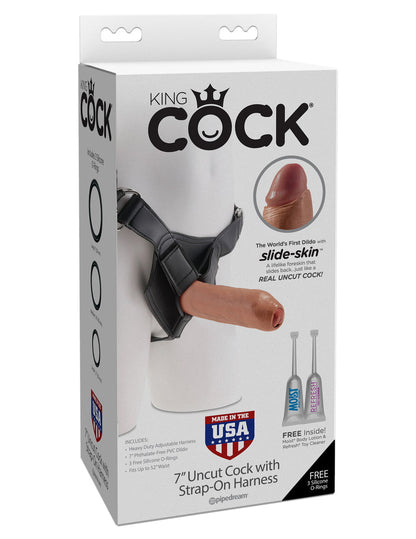 King Cock 7 Inch Uncut Cock w Strap-On Harness-Tan-0