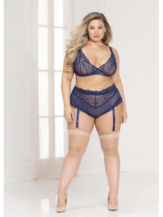 Seven 'Til Midnight 11077X 2pc Lace Bralette &amp; Panty Set - 1XL/2XL - Navy Blue