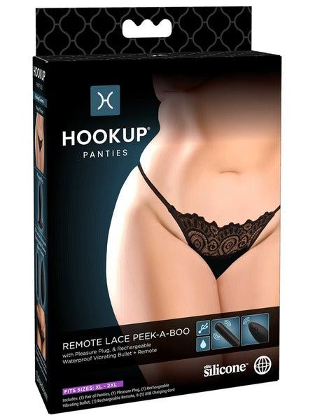 Pipedream Hookup Remote Lace Peek-A-Boo Panties - XL-2XL - Black