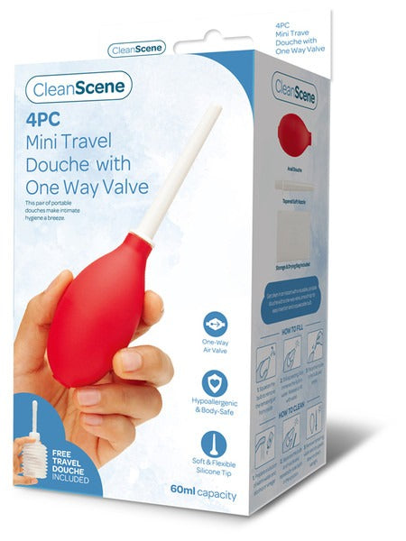 CleanScene 4pc Mini Travel Douche with One Way Valve - Red &amp; White