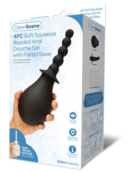 CleanScene 4pc Soft Squeeze Beaded Anal Douche Set with Flared Base - Black