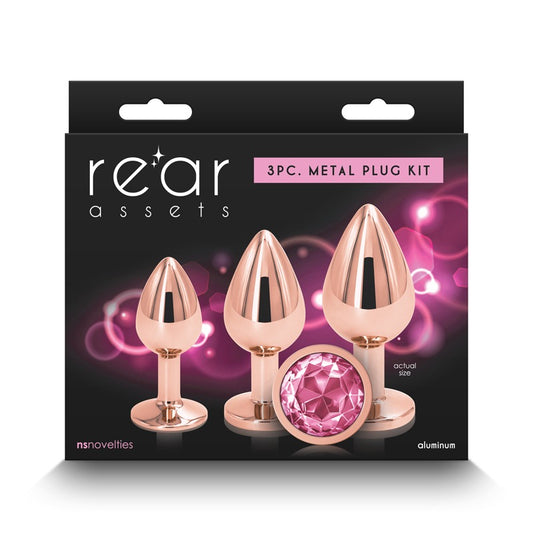 NS Novelties Rear Assets 3pc Rose Gold Round Jewelled Butt Plug Trainer Kit - Pink