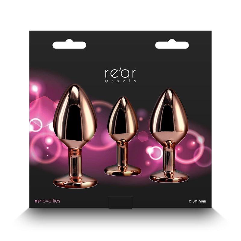 NS Novelties Rear Assets 3pc Rose Gold Round Jewelled Butt Plug Trainer Kit - Pink