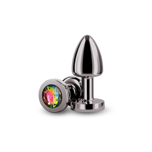 NS Novelties Rear Assets Round Jewelled Butt Plug - Petite - Chrome &amp; Rainbow