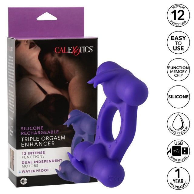 CalExotics Silicone Rechargeable Triple Orgasm Enhancer Cock Ring - Purple