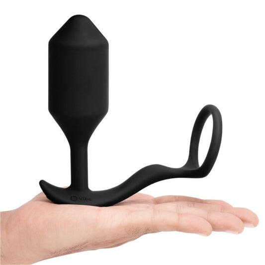 b-Vibe Vibrating Snug &amp; Tug Weighted Silicone Butt Plug &amp; Penis Ring - Medium - Black