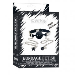 Lovetoy Products Bondage Fetish Breathable Ball Gag with Nipple Clamps - Silver