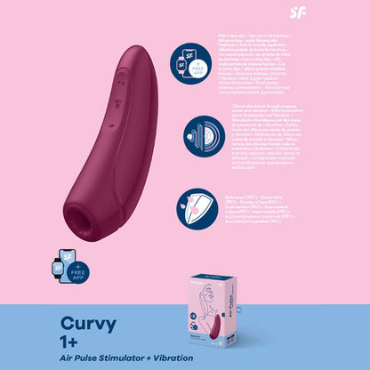 Satisfyer Curvy 1+ Rechargeable Air Pulse Clitoral Stimulator + Vibration with App Control - Burgundy